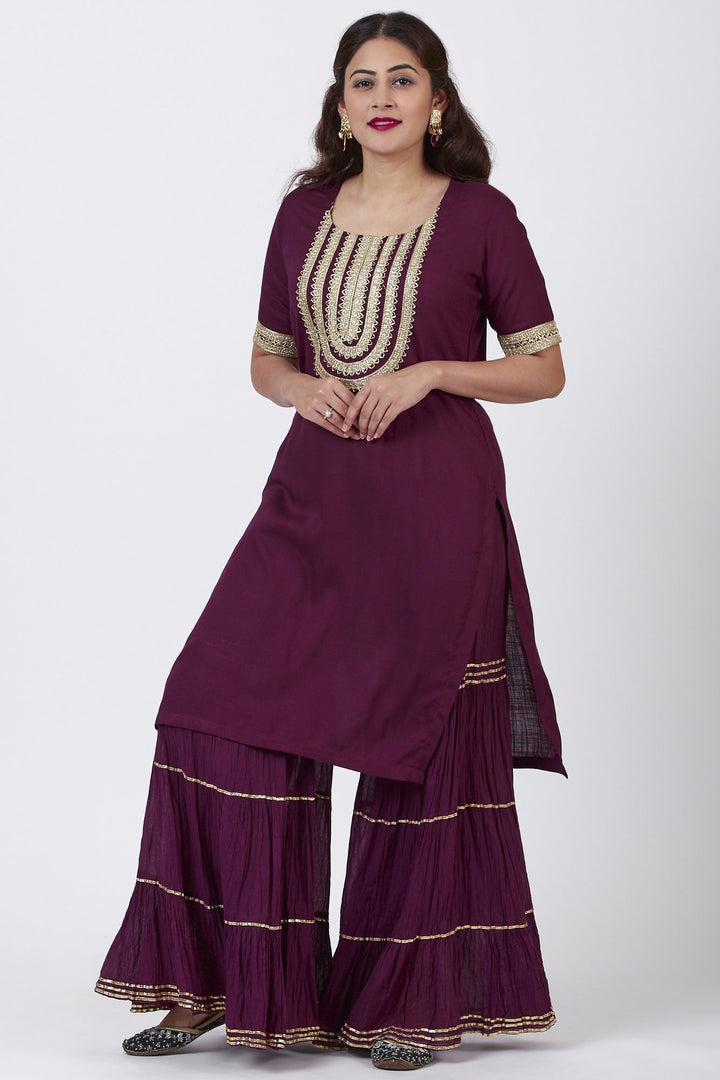 anokherang Combos Plum Gotta Patti Embroided Kurti and Crushed Gharara