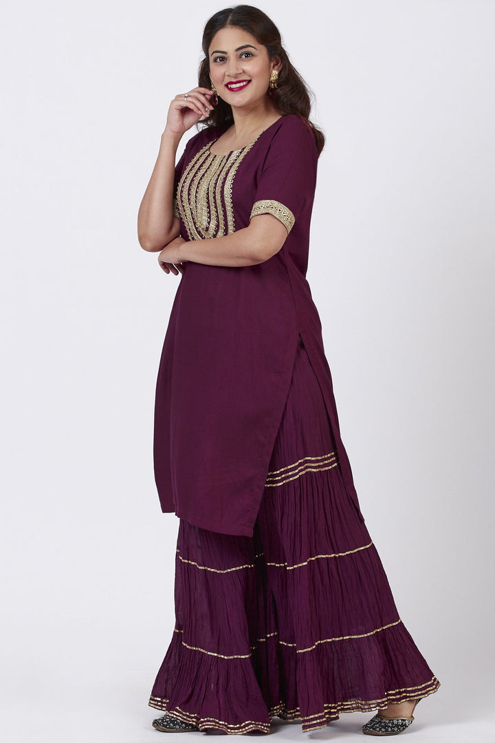 anokherang Combos Plum Gotta Patti Embroided Kurti and Crushed Gharara