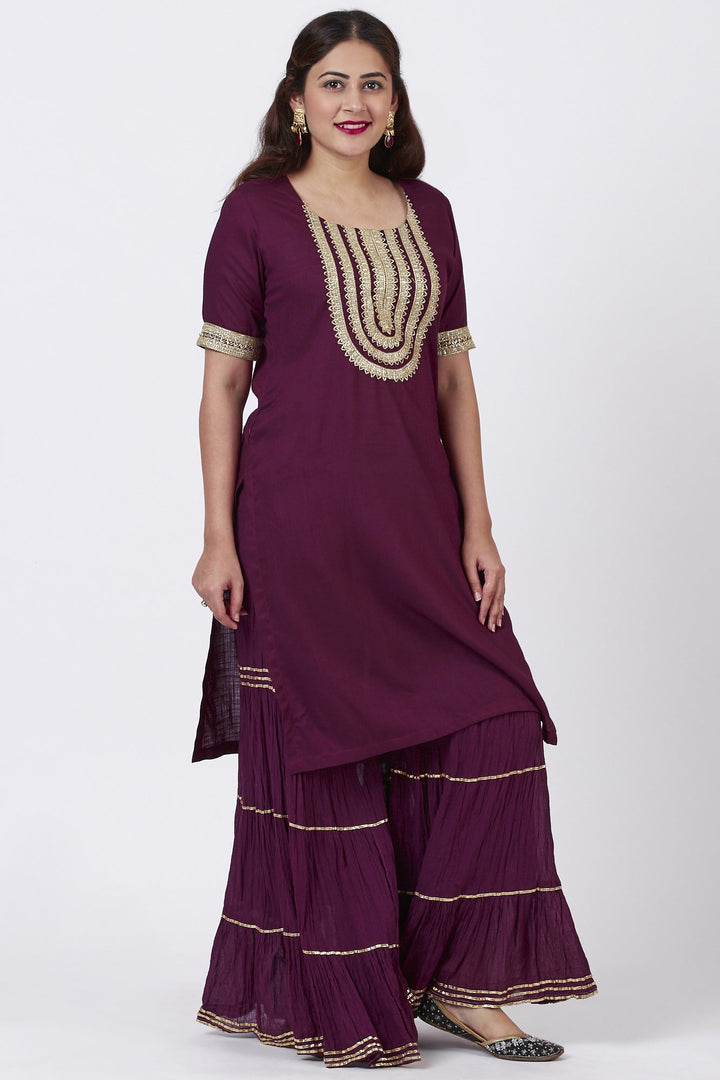 anokherang Combos Plum Gotta Patti Embroided Kurti and Crushed Gharara