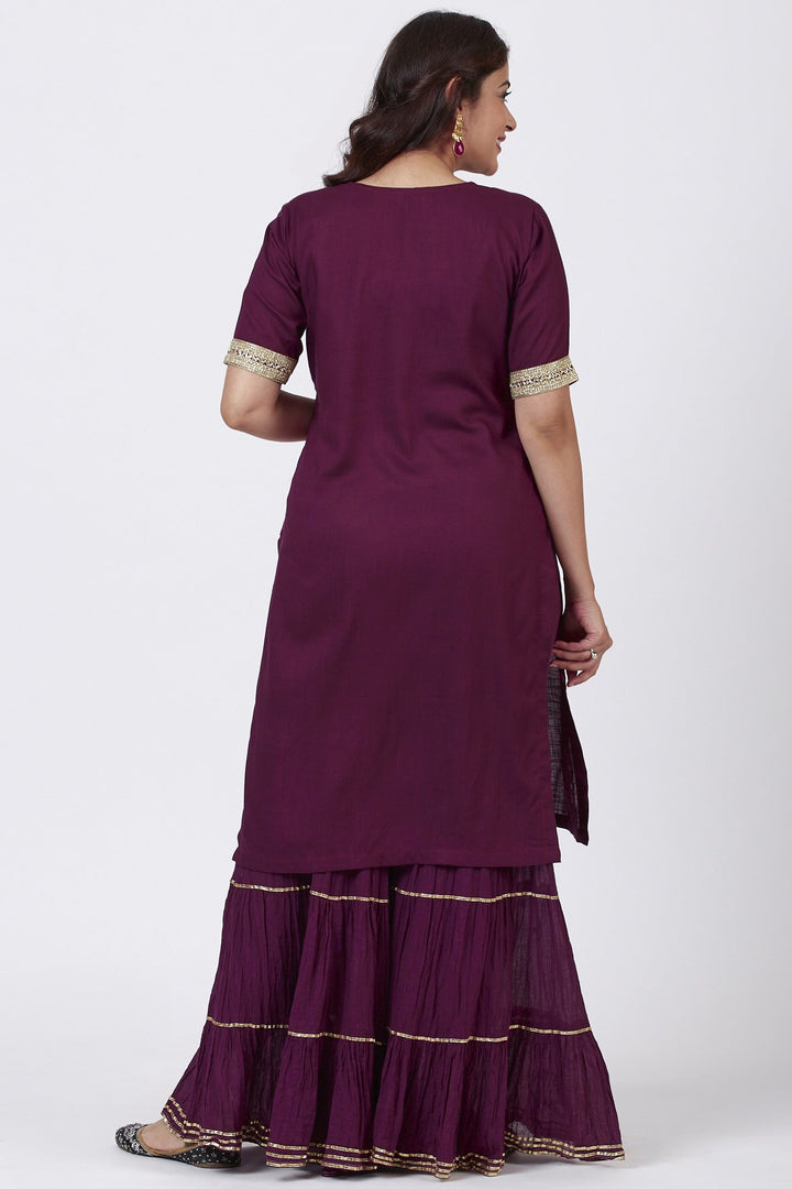 anokherang Combos Plum Gotta Patti Embroided Kurti and Crushed Gharara