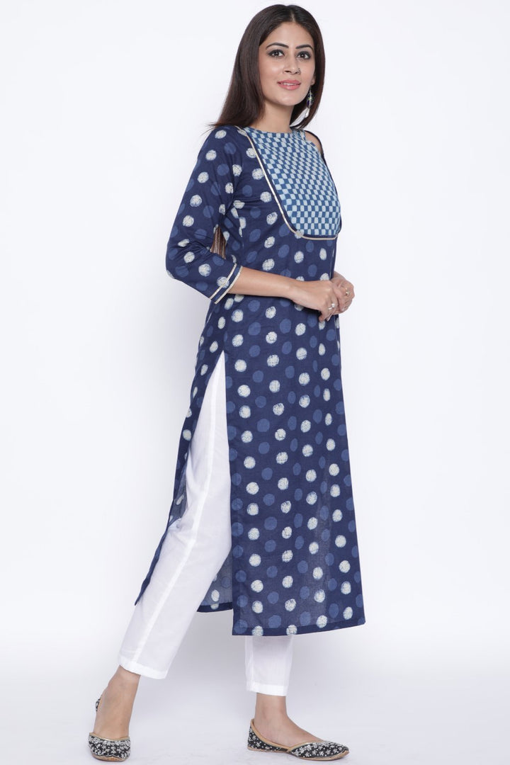 anokherang Combos Polka Dot Checkered Yoke Straight Kurti with Pants