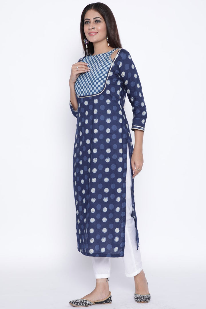 anokherang Combos Polka Dot Checkered Yoke Straight Kurti with Pants