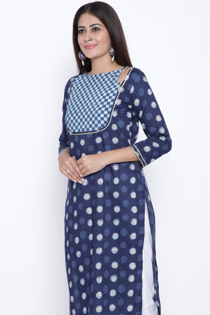 anokherang Combos Polka Dot Checkered Yoke Straight Kurti with Pants