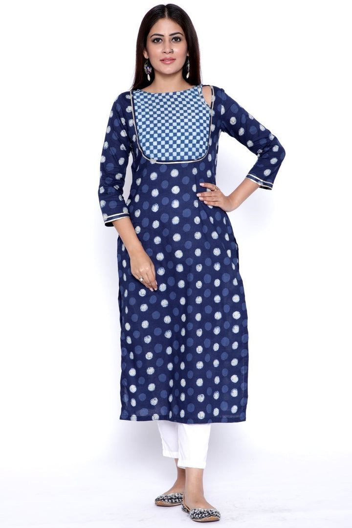 anokherang Combos Polka Dot Checkered Yoke Straight Kurti with Pants