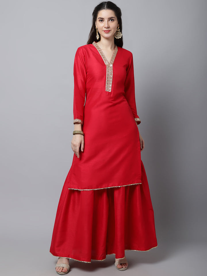 anokherang Combos Poppy Pink Silk Kurti With Gharara