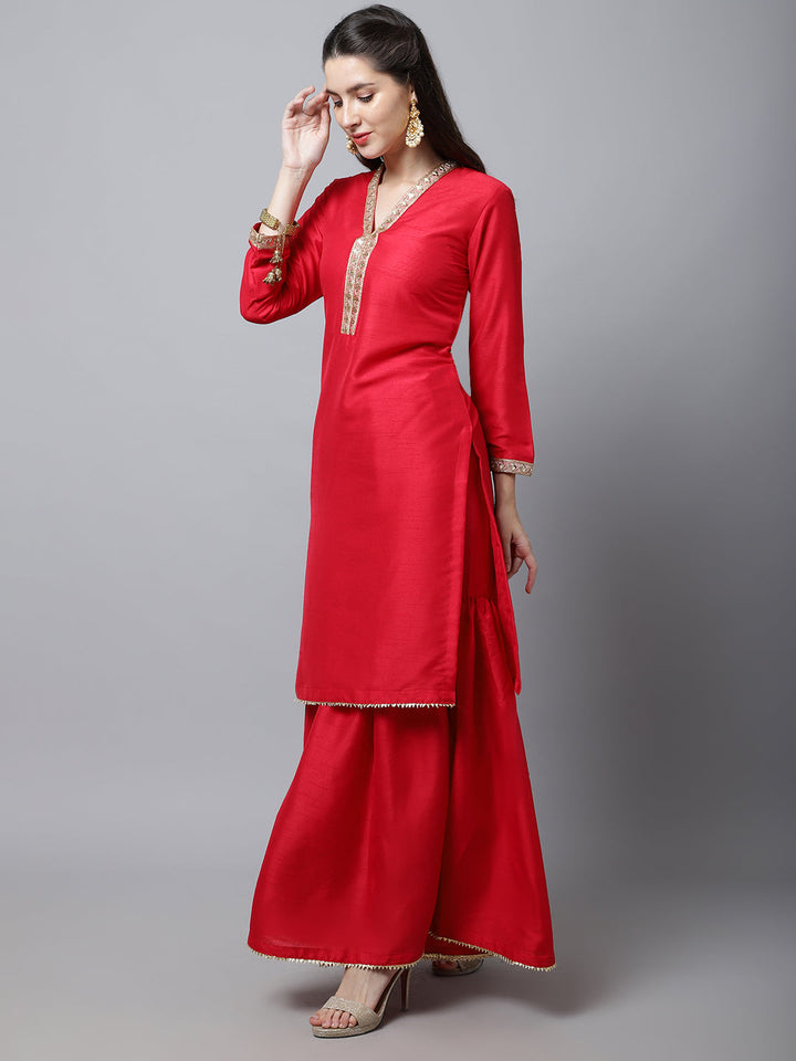 anokherang Combos Poppy Pink Silk Kurti With Gharara