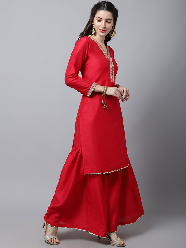 anokherang Combos Poppy Pink Silk Kurti With Gharara