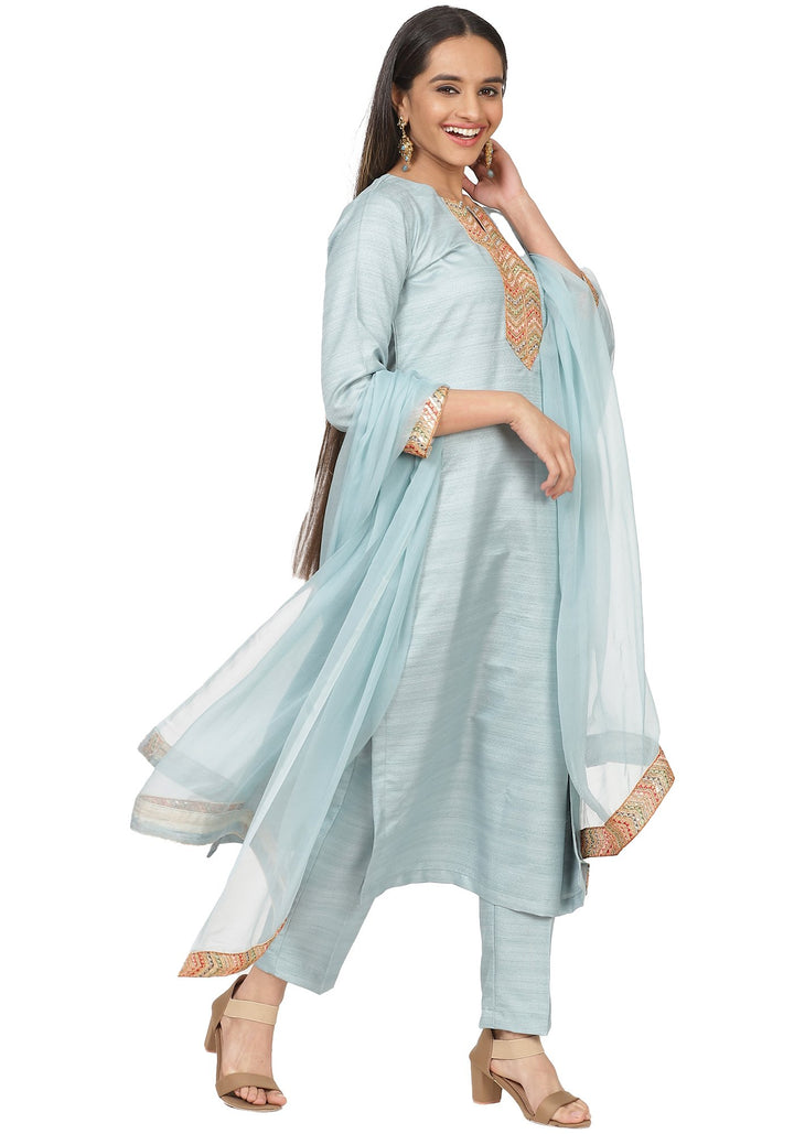 anokherang Combos Powder Blue Silk Straight Kurti with Staright Pants and Chiffon Dupatta
