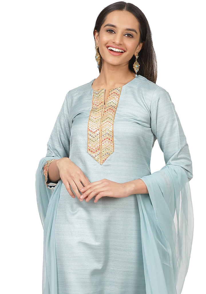 anokherang Combos Powder Blue Silk Straight Kurti with Staright Pants and Chiffon Dupatta