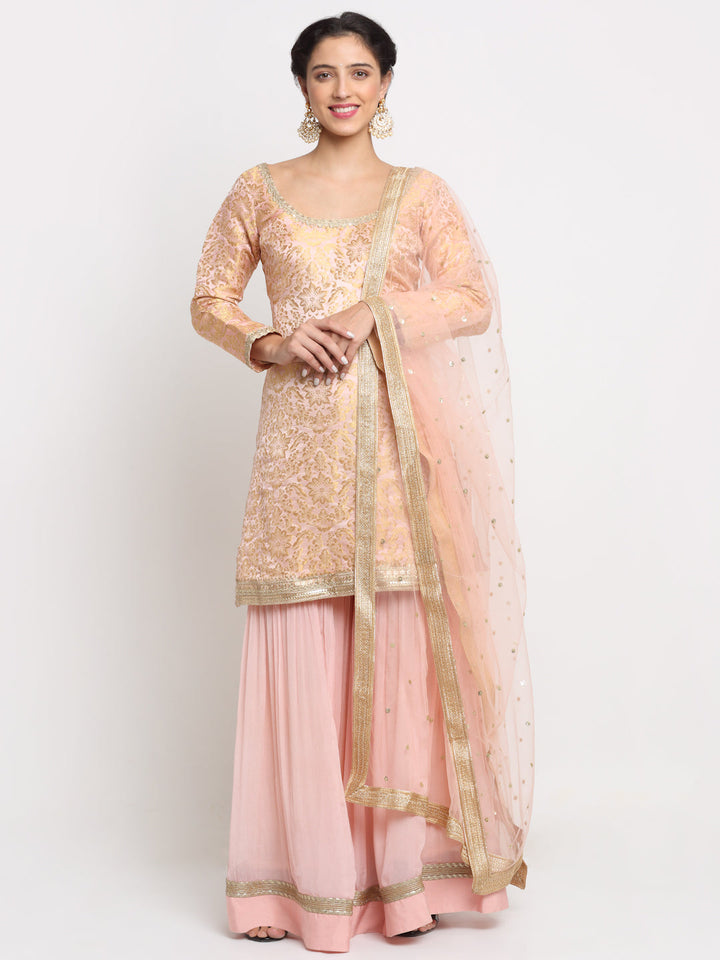 anokherang Combos Precious Peach Embroidered Kurti with Gathered Sharara and Net Sequined Dupatta