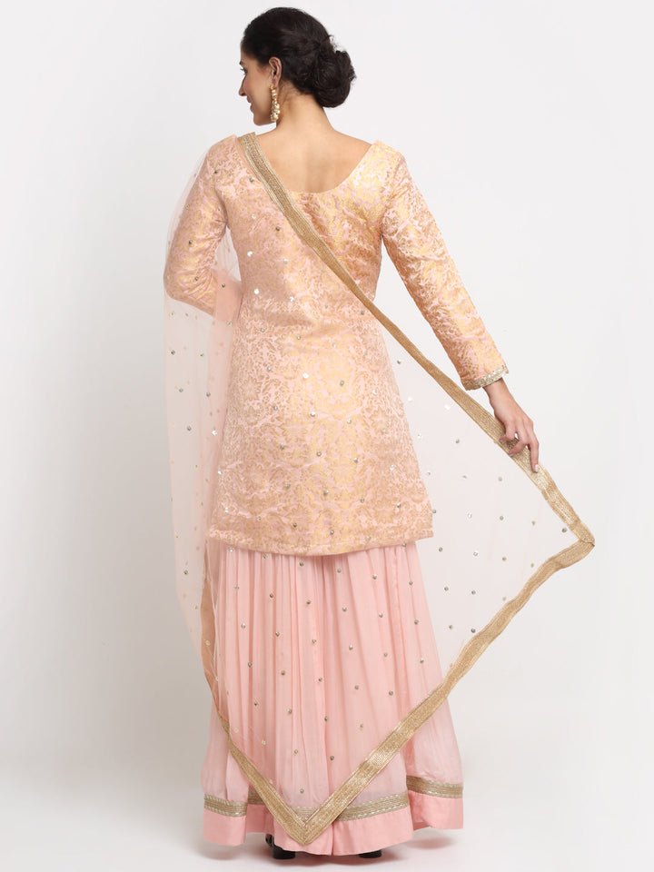 anokherang Combos Precious Peach Embroidered Kurti with Gathered Sharara and Net Sequined Dupatta