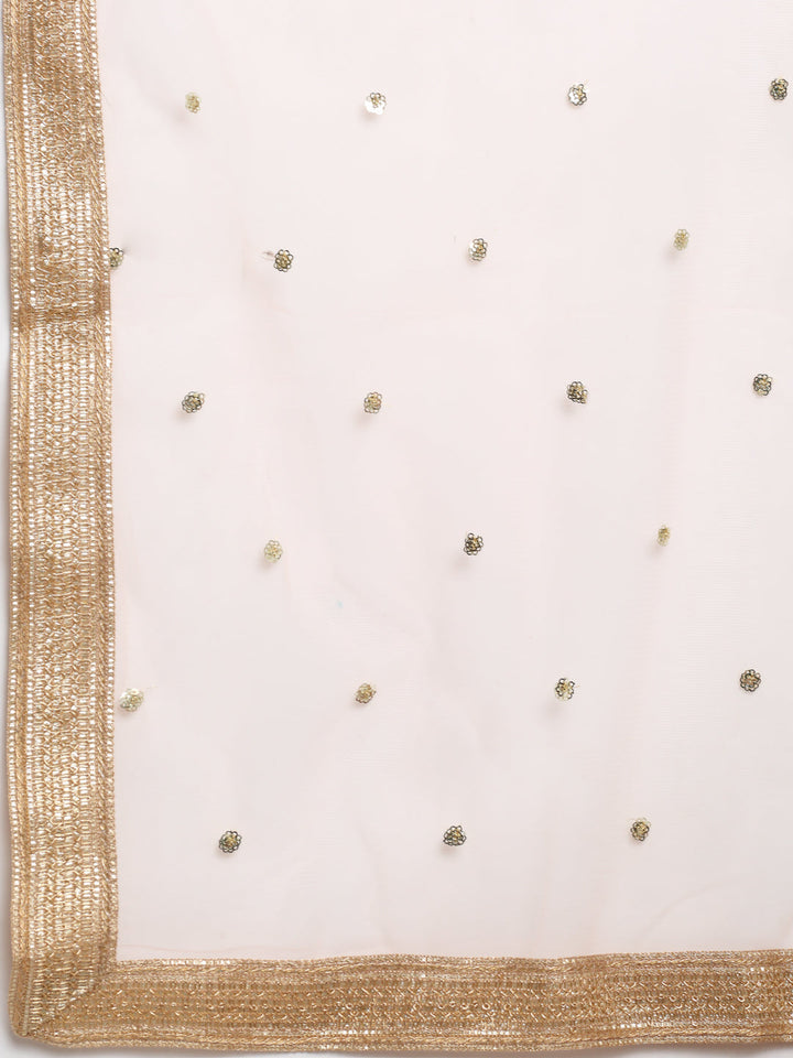 anokherang Combos Precious Peach Embroidered Kurti with Gathered Sharara and Net Sequined Dupatta