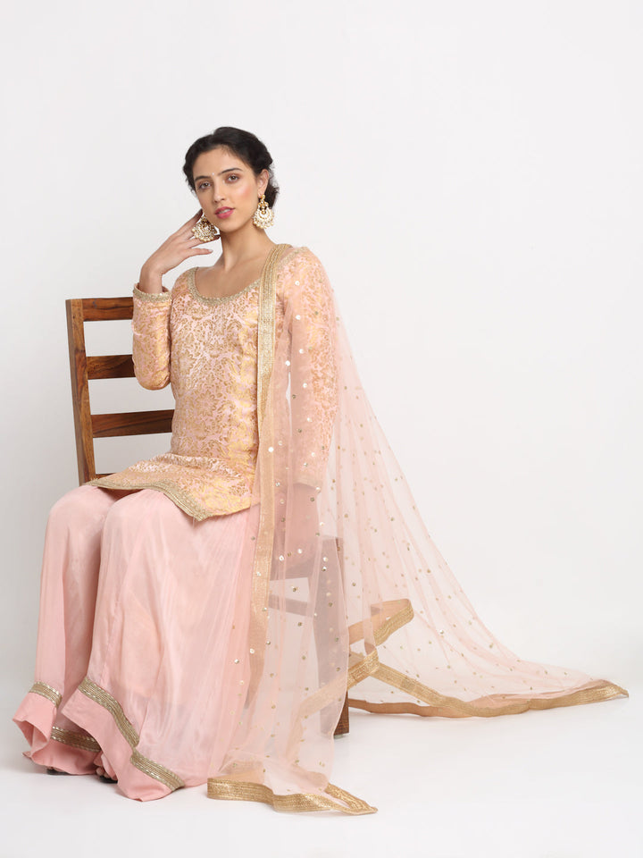 anokherang Combos Precious Peach Embroidered Kurti with Gathered Sharara and Net Sequined Dupatta
