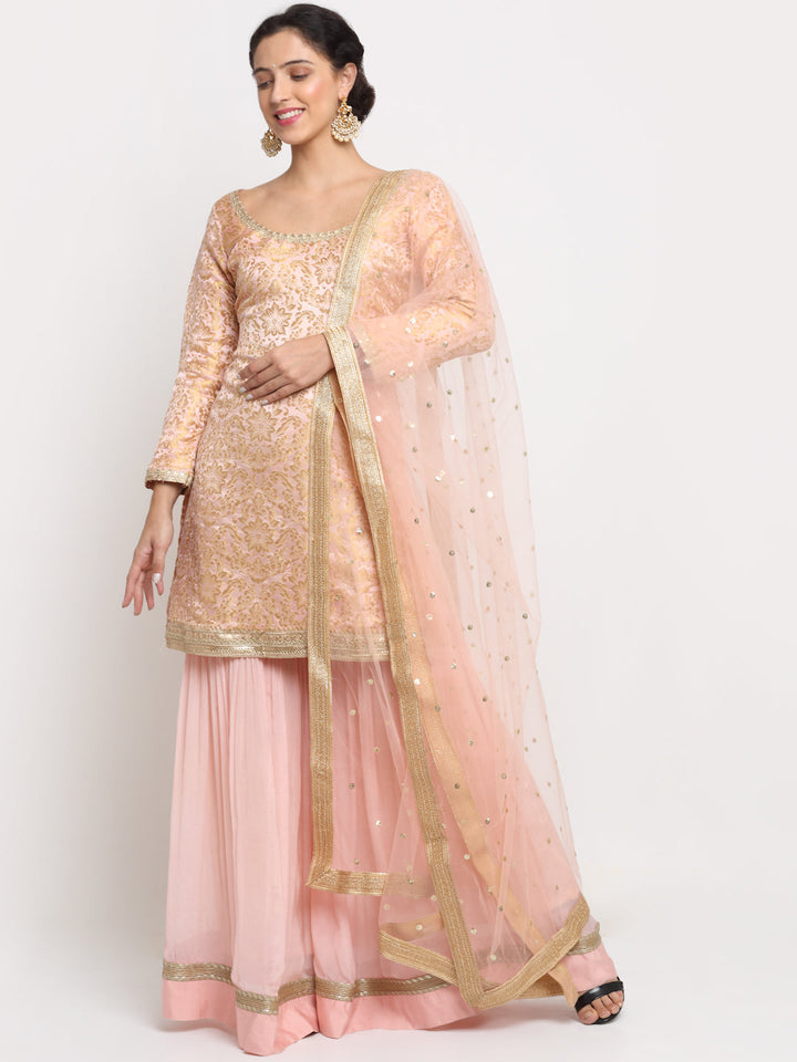 anokherang Combos Precious Peach Embroidered Kurti with Gathered Sharara and Net Sequined Dupatta