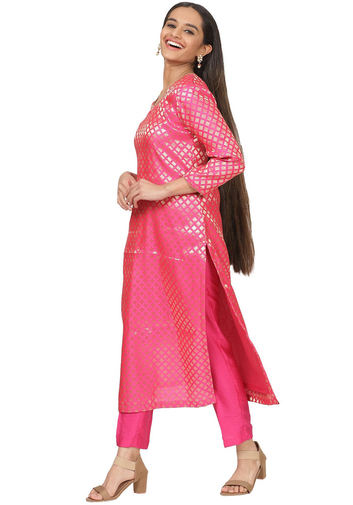 anokherang Combos Pretty Pink Brocade Straight Kurti with Straight Pants