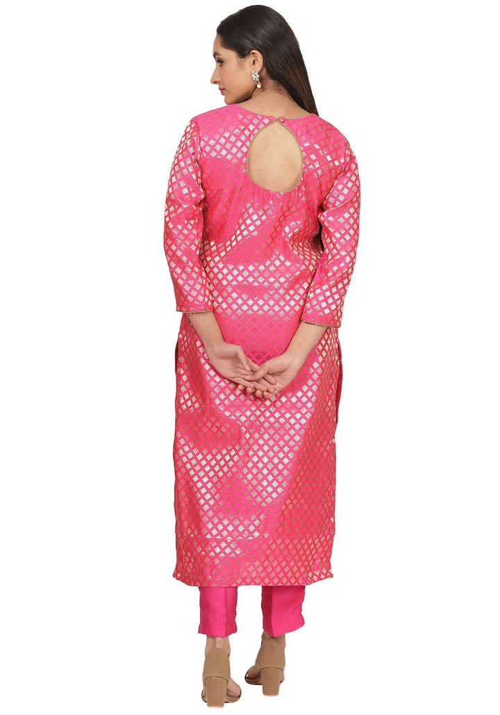anokherang Combos Pretty Pink Brocade Straight Kurti with Straight Pants