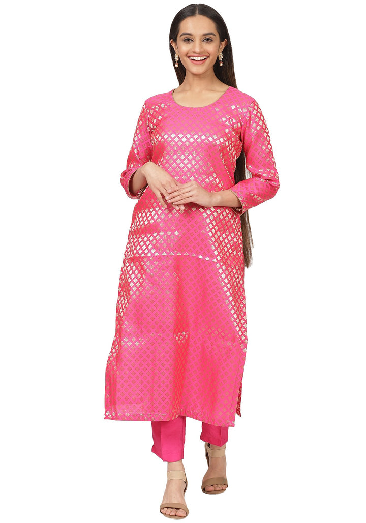 anokherang Combos Pretty Pink Brocade Straight Kurti with Straight Pants
