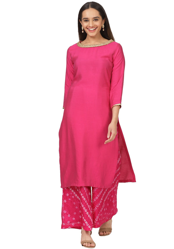 anokherang Combos Pretty Pink Straight Kurti with Bandhani Palazzo