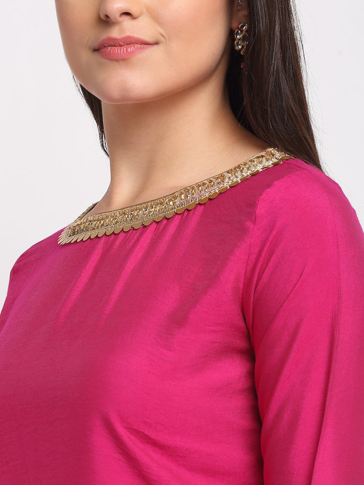 anokherang Combos Pretty Pink Straight Kurti with Bandhani Palazzo and Bandhani Sequin Dupatta