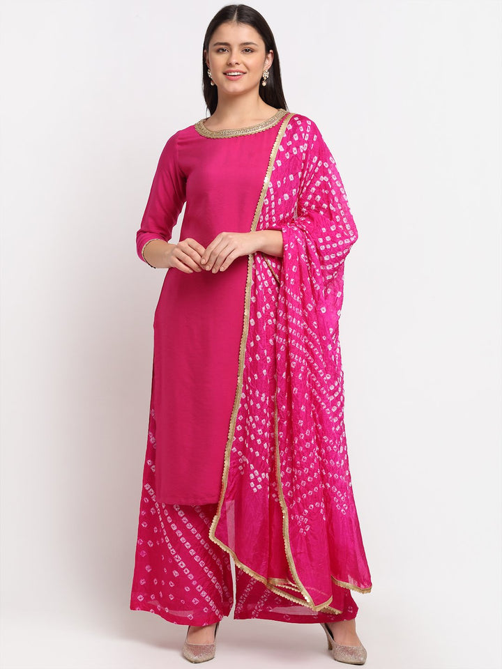 anokherang Combos Pretty Pink Straight Kurti with Bandhani Palazzo and Bandhani Sequin Dupatta