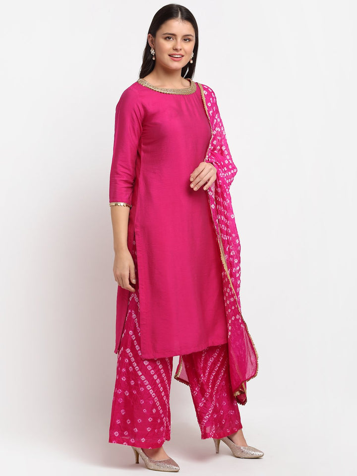 anokherang Combos Pretty Pink Straight Kurti with Bandhani Palazzo and Bandhani Sequin Dupatta