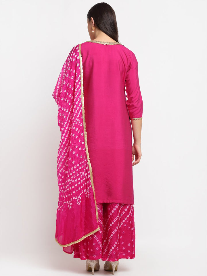 anokherang Combos Pretty Pink Straight Kurti with Bandhani Palazzo and Bandhani Sequin Dupatta