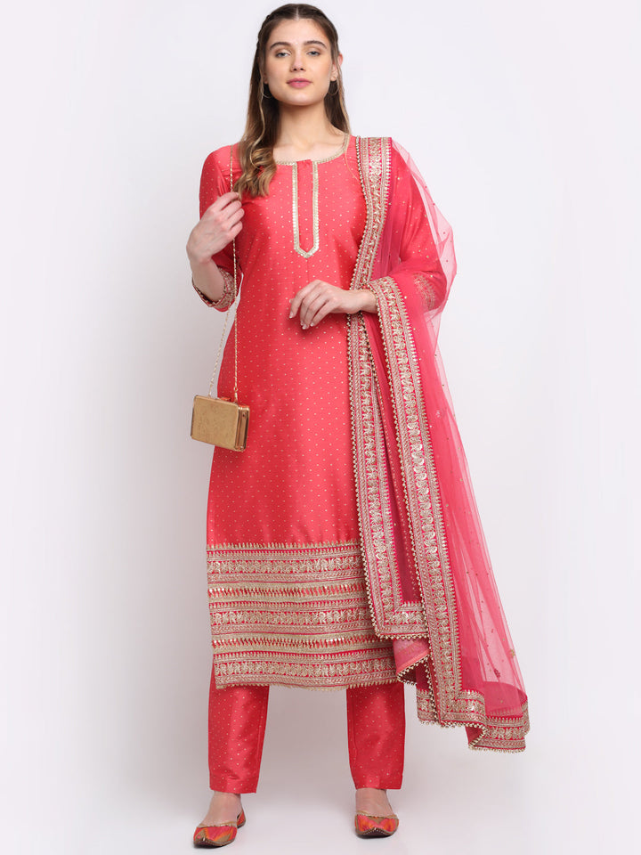 anokherang Combos Prism Pink Straight Kurti with Straight Pants and Prism Pink Net Emroidered Dupatta