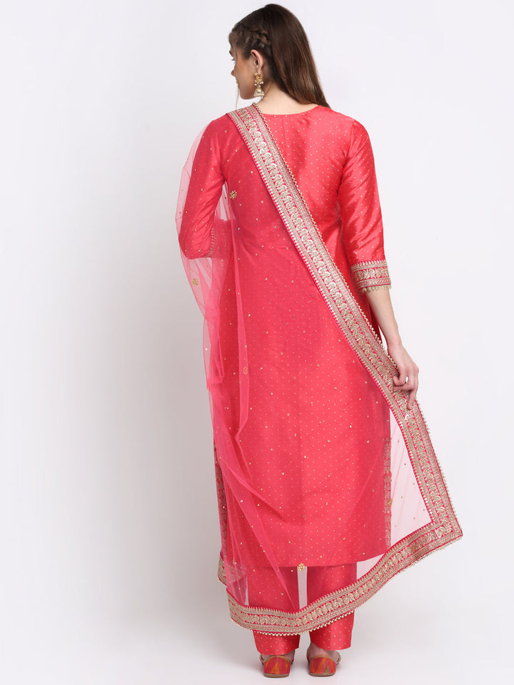 anokherang Combos Prism Pink Straight Kurti with Straight Pants and Prism Pink Net Emroidered Dupatta