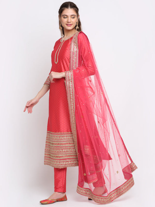 anokherang Combos Prism Pink Straight Kurti with Straight Pants and Prism Pink Net Emroidered Dupatta