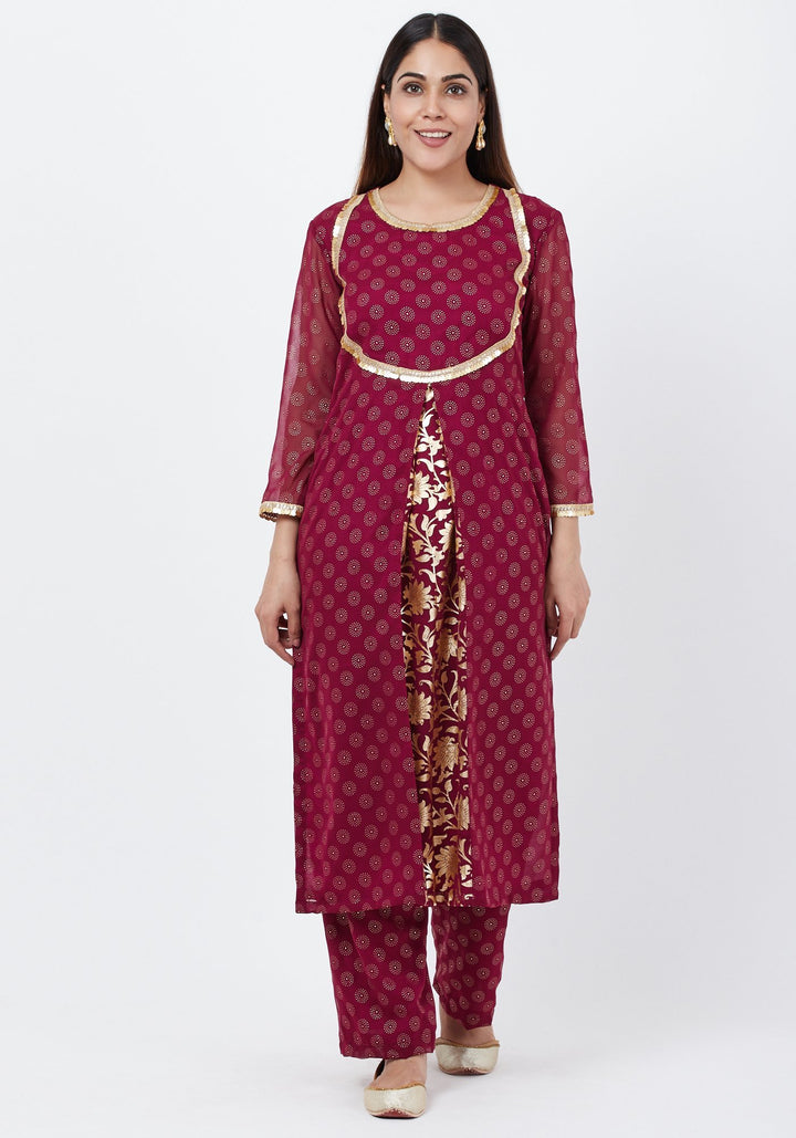 anokherang Combos Puple Georgette Foil Pleated Kurti with Foil Printed Palazzo