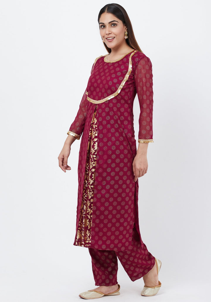 anokherang Combos Puple Georgette Foil Pleated Kurti with Foil Printed Palazzo