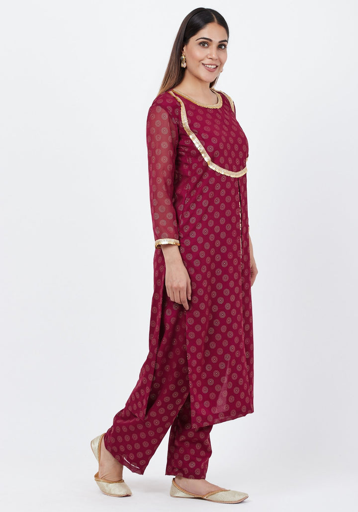 anokherang Combos Puple Georgette Foil Pleated Kurti with Foil Printed Palazzo