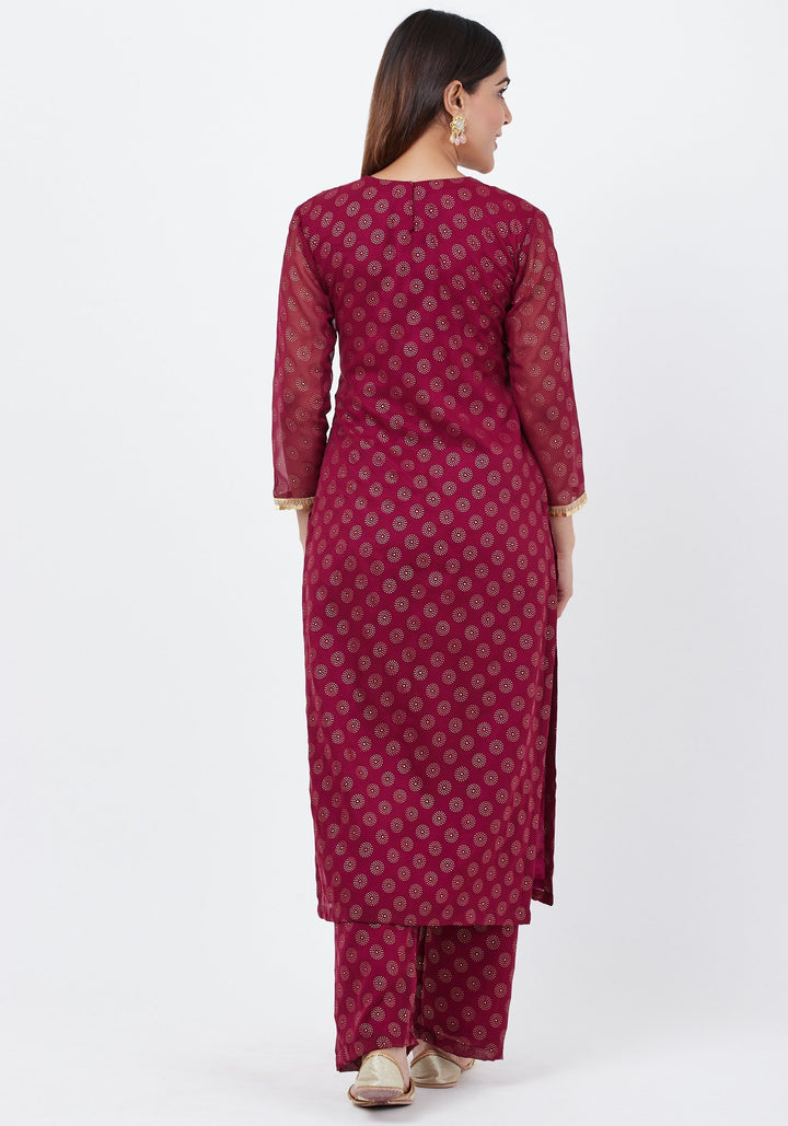 anokherang Combos Puple Georgette Foil Pleated Kurti with Foil Printed Palazzo