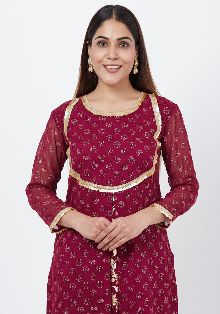 anokherang Combos Puple Georgette Foil Pleated Kurti with Foil Printed Palazzo
