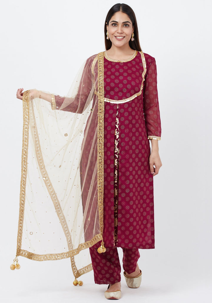 anokherang Combos Puple Georgette Foil Pleated Kurti with Foil Printed Palazzo and Mirror Stone Dupatta