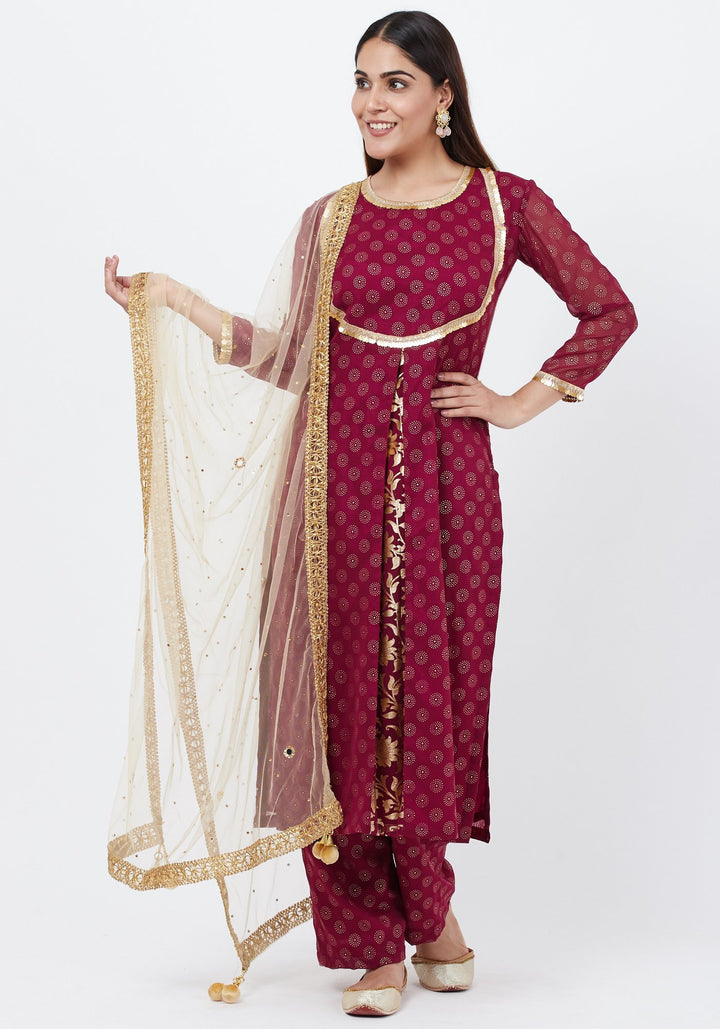 anokherang Combos Puple Georgette Foil Pleated Kurti with Foil Printed Palazzo and Mirror Stone Dupatta