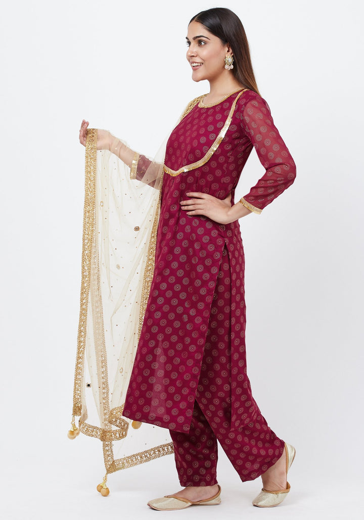 anokherang Combos Puple Georgette Foil Pleated Kurti with Foil Printed Palazzo and Mirror Stone Dupatta