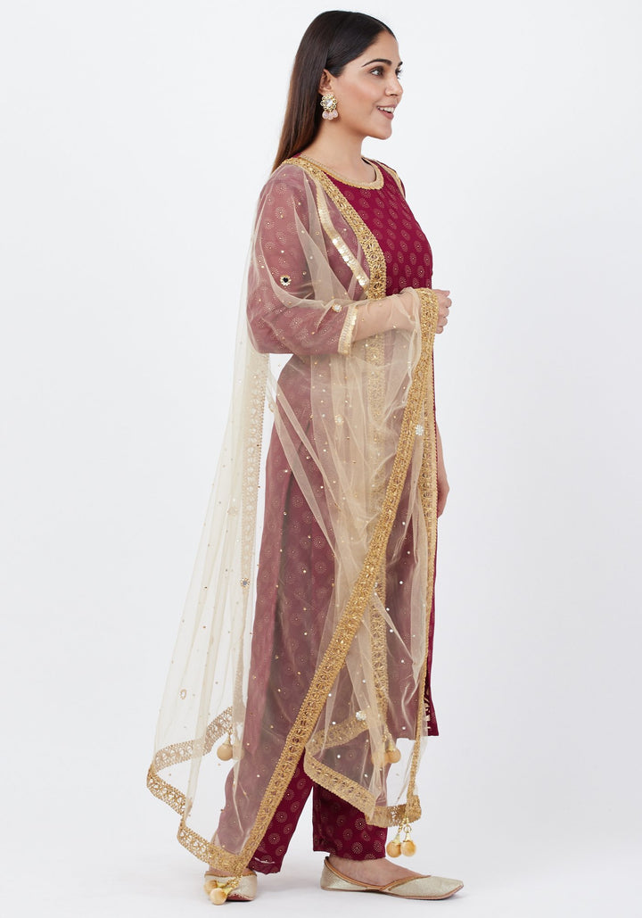 anokherang Combos Puple Georgette Foil Pleated Kurti with Foil Printed Palazzo and Mirror Stone Dupatta