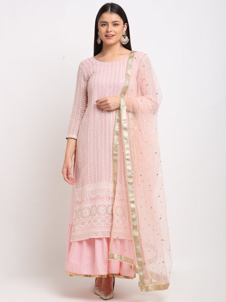 anokherang Combos Pure Pink Sequin Embroidered Layered Frilled Floor length with Sequin Dupatta