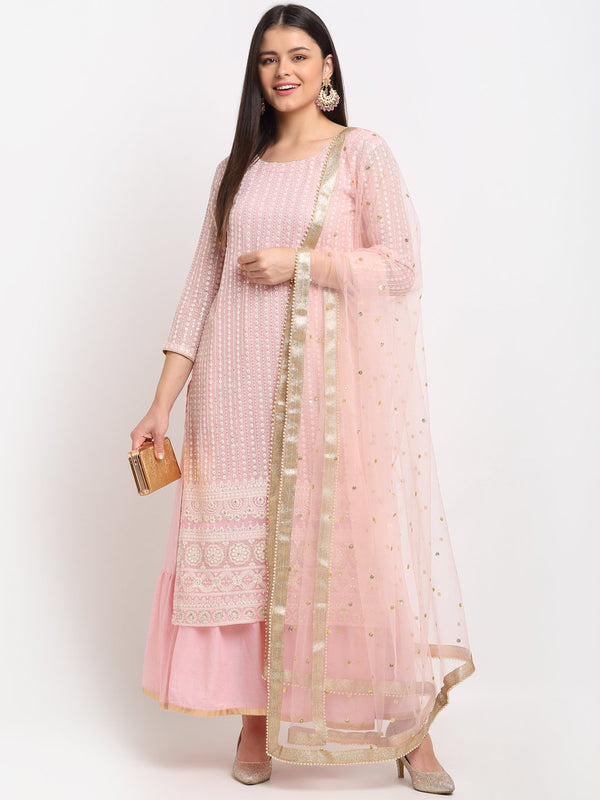 anokherang Combos Pure Pink Sequin Embroidered Layered Frilled Floor length with Sequin Dupatta