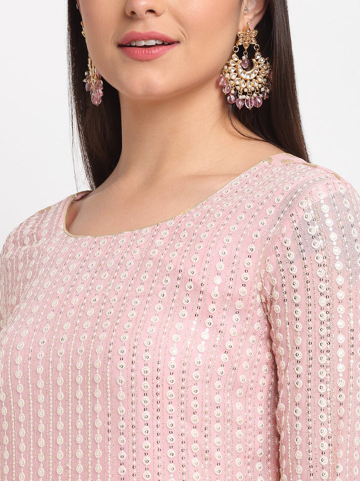 anokherang Combos Pure Pink Sequin Embroidered Layered Frilled Floorlength