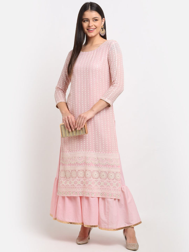 anokherang Combos Pure Pink Sequin Embroidered Layered Frilled Floorlength