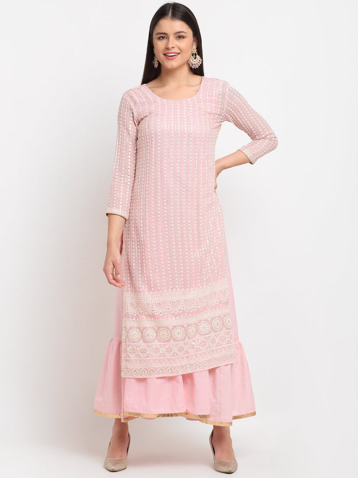 anokherang Combos Pure Pink Sequin Embroidered Layered Frilled Floorlength