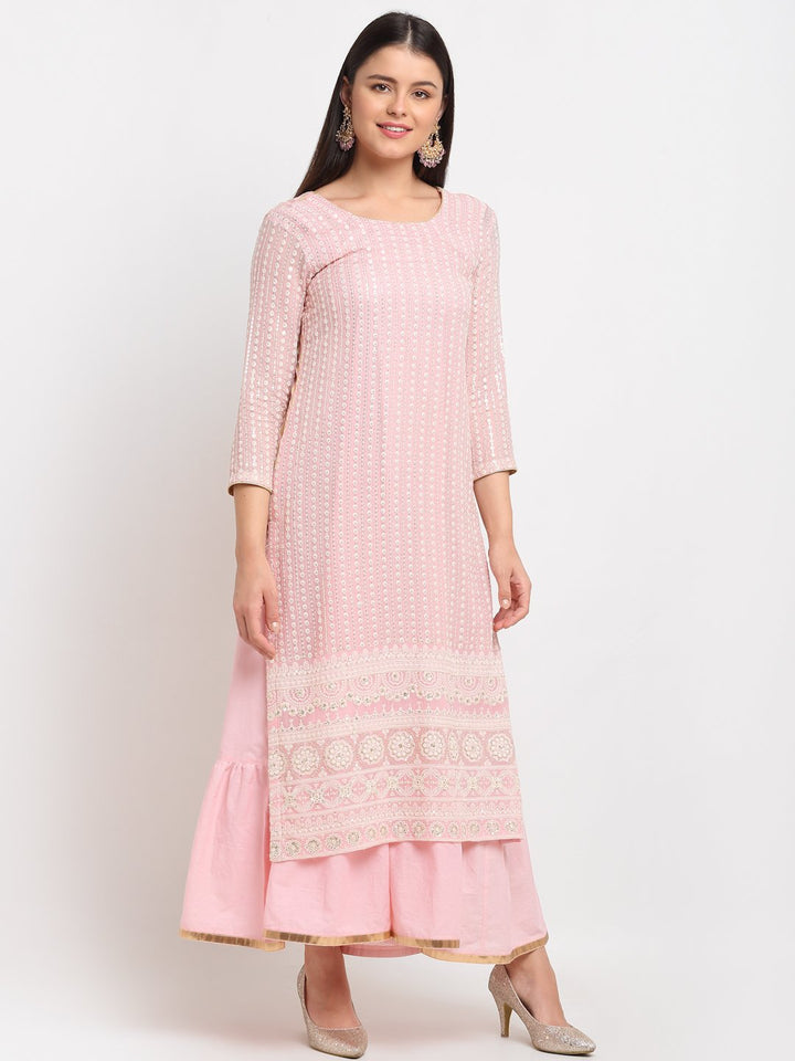 anokherang Combos Pure Pink Sequin Embroidered Layered Frilled Floorlength