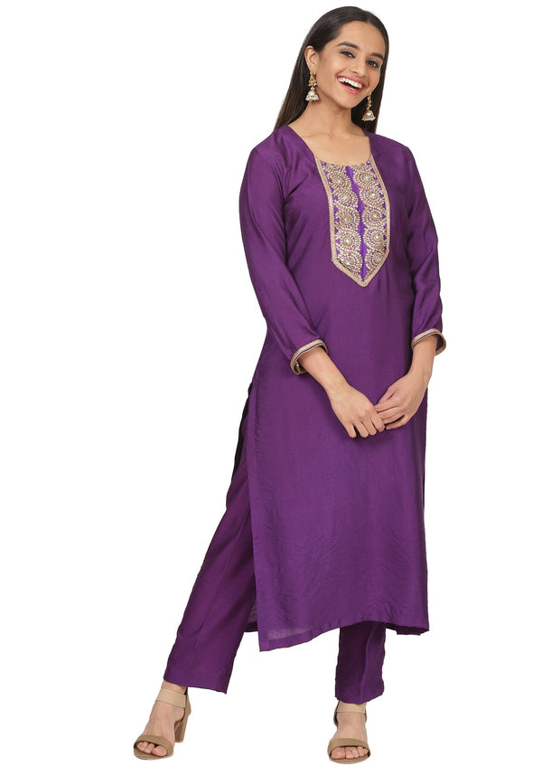 anokherang Combos Purple Embroidered Kurti with Straight Pants