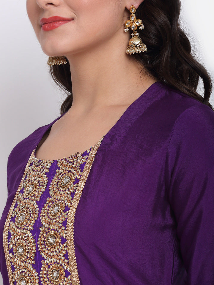 anokherang Combos Purple Embroidered Kurti with Straight Pants and Sequin Dupatta