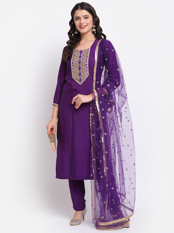 anokherang Combos Purple Embroidered Kurti with Straight Pants and Sequin Dupatta