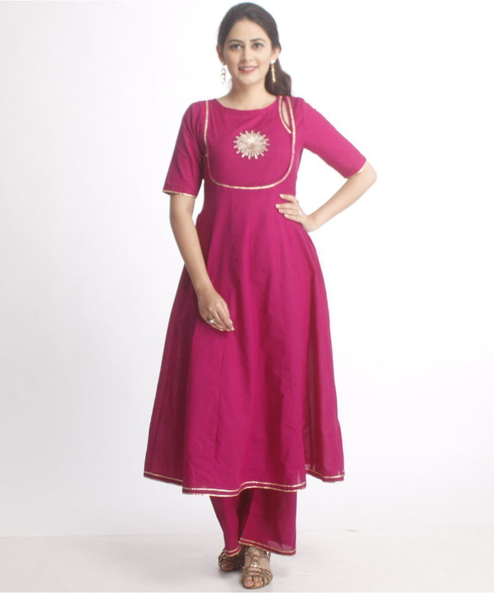 anokherang Combos Purple Flower Anarkali with Straight Palazzo and Black Mirror Work Stole