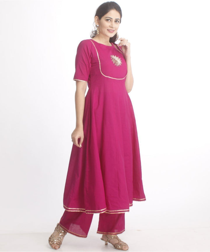 anokherang Combos Purple Flower Anarkali with Straight Palazzo and Black Mirror Work Stole