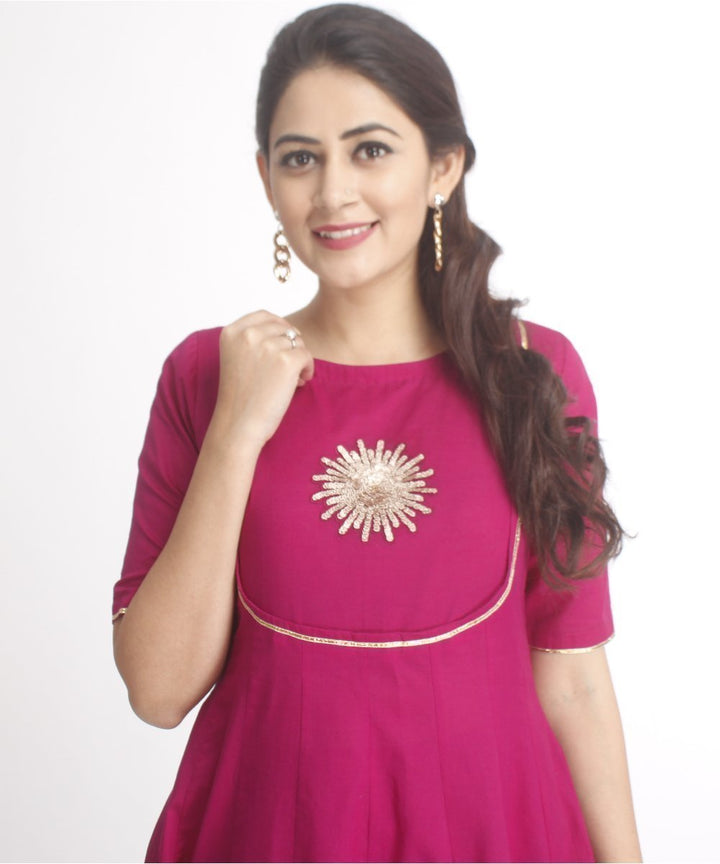 anokherang Combos Purple Flower Anarkali with Straight Palazzo and Black Mirror Work Stole